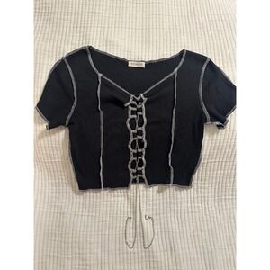 Occasion Black Ribbed Crop Top White Contrast Stitch Chain Lace Up Small Goth